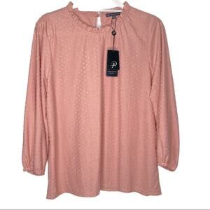 NWT Adrianna Papell Blush Knot Clip Dot Ruffle Neck Top Medium
